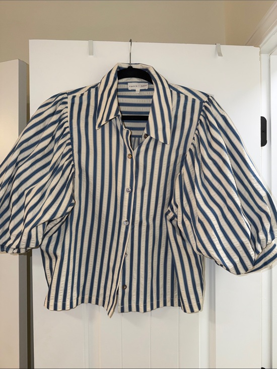 entro Tops - entro Blue and White Striped Puff Sleeve Button-Down Shirt